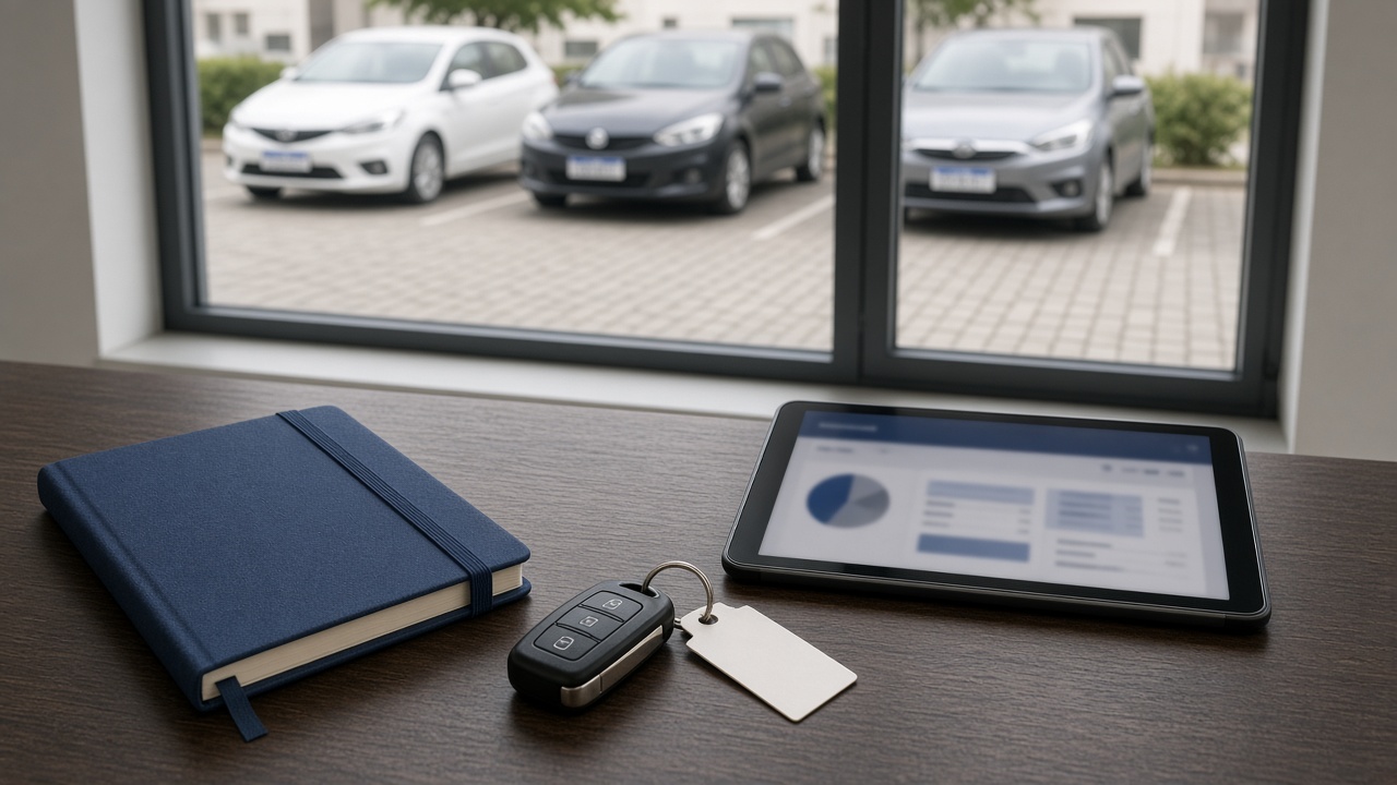 Mesa de locadora com tablet, chaves do veículo e caderno. Ao fundo, carros da frota estacionados no pátio.