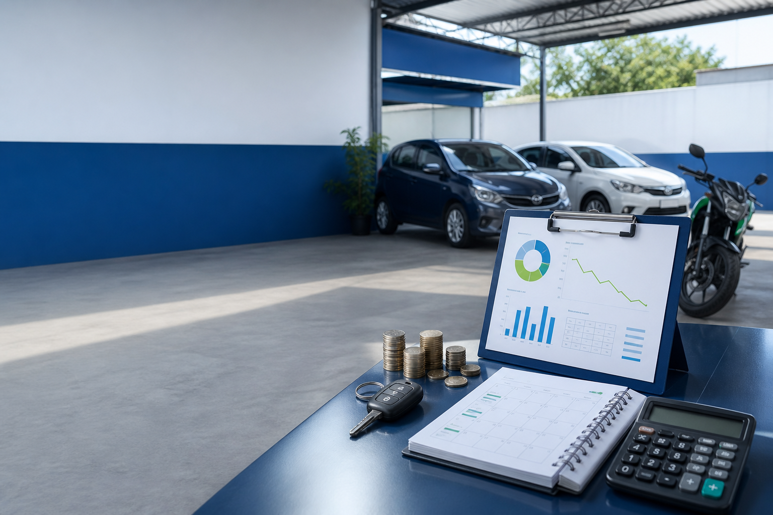 Painel financeiro com queda de lucro, moedas, calendário e chave de veículo em uma pequena locadora com carros e moto ao fundo.