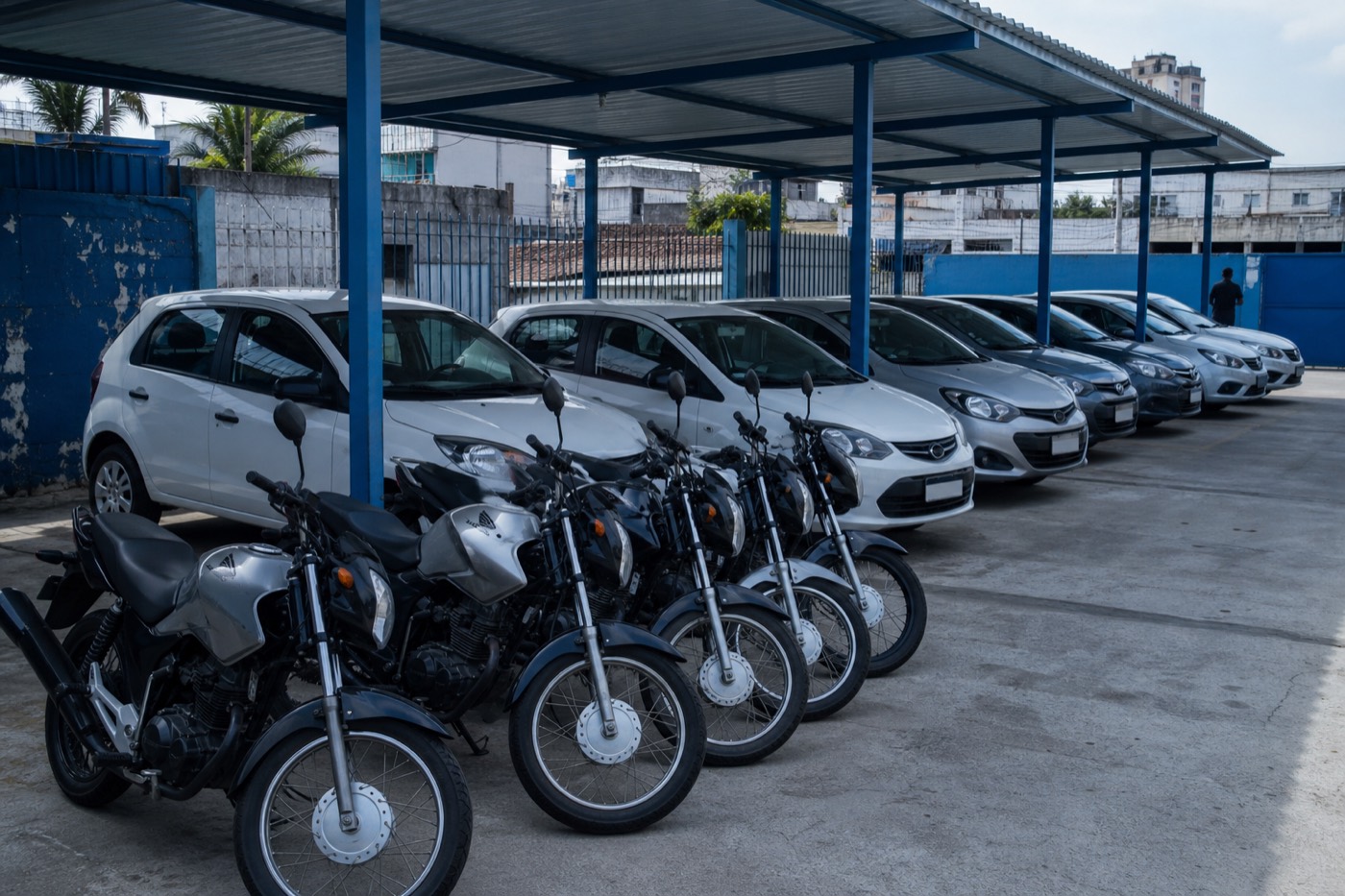 Frota de motos e carros no pátio da locadora